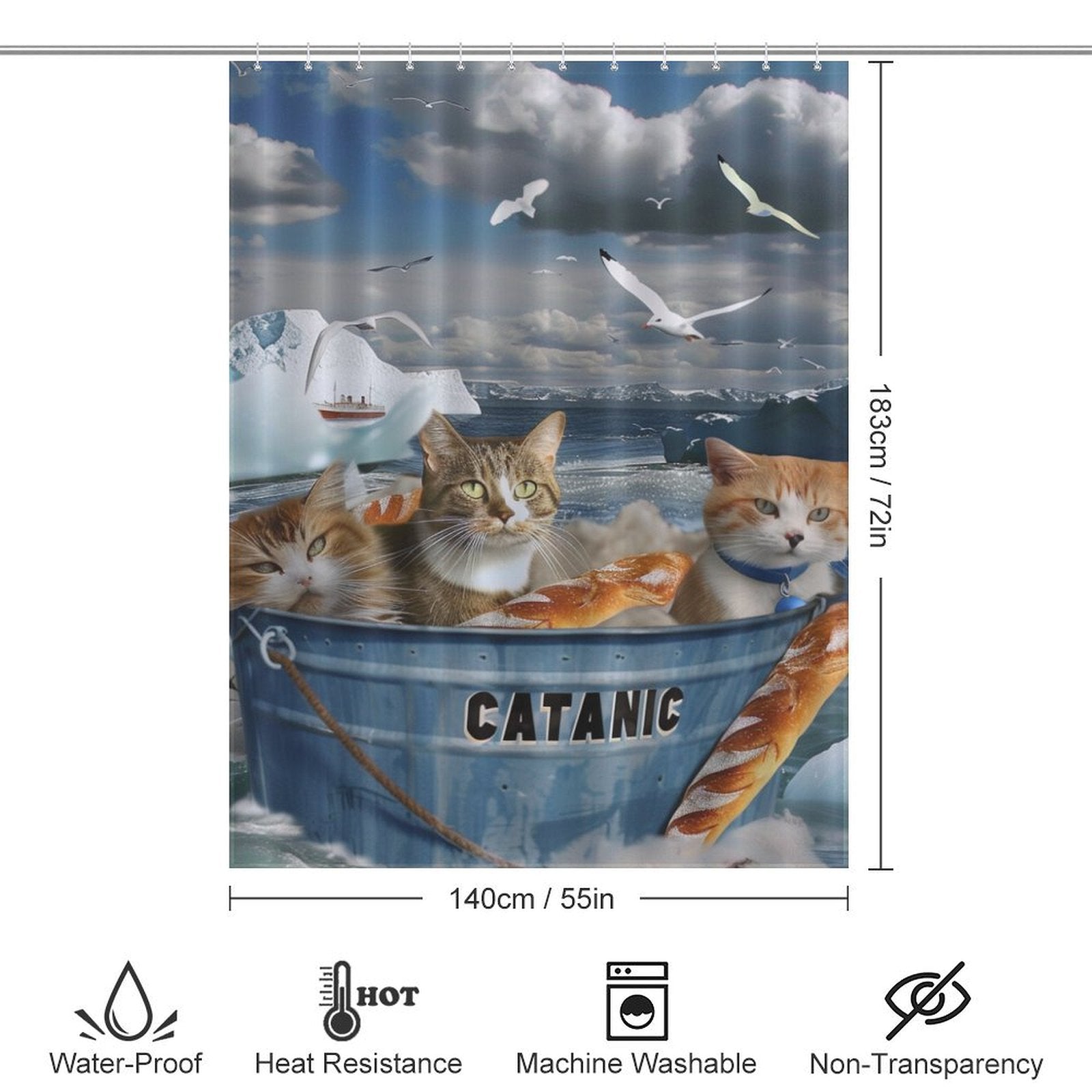 Funny Sea Seagull Cat Shower Curtain