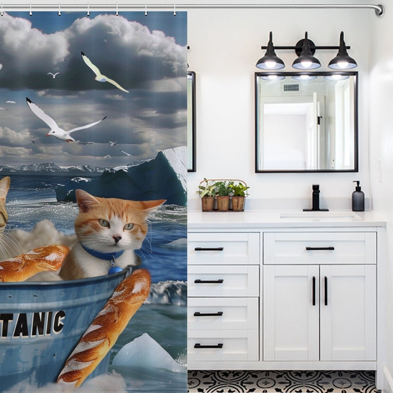 Funny Sea Seagull Cat Shower Curtain