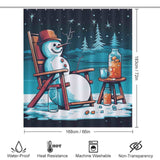 Transform your bathroom decor with this hilarious Funny Snowman Juice Christmas Shower Curtain-Cottoncat from Cotton Cat, featuring a snowman relaxing on a rocking chair.