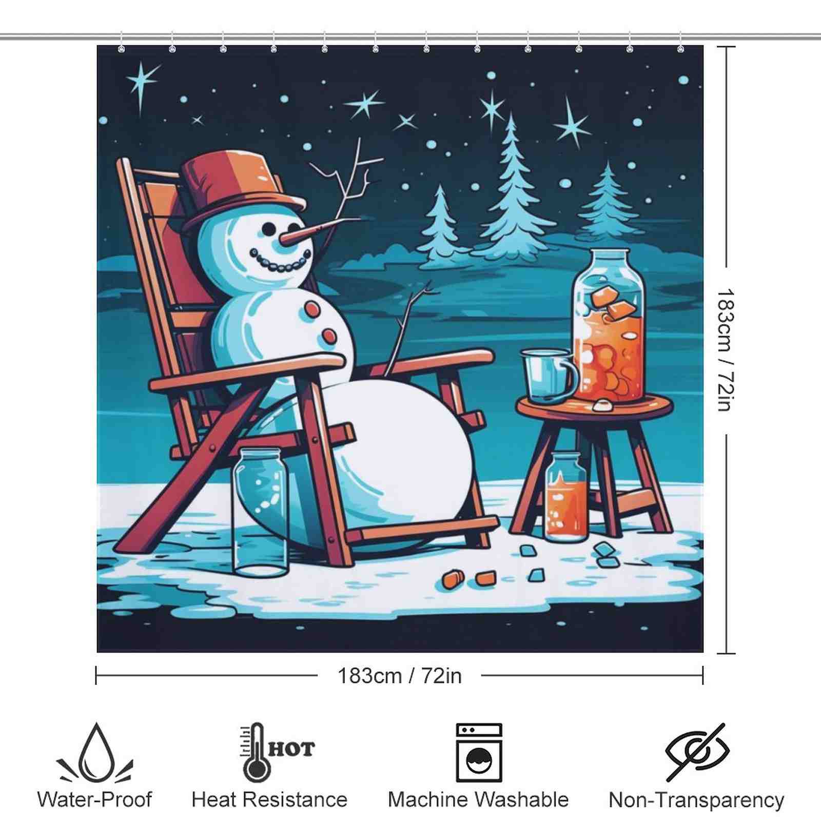 A Funny Snowman Juice Christmas Shower Curtain-Cotton Cat sitting in a rocking chair.
