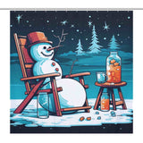 This Funny Snowman Juice-themed Cotton Cat shower curtain features a cute snowman sitting in a chair, perfect for adding a touch of whimsy to any bathroom.