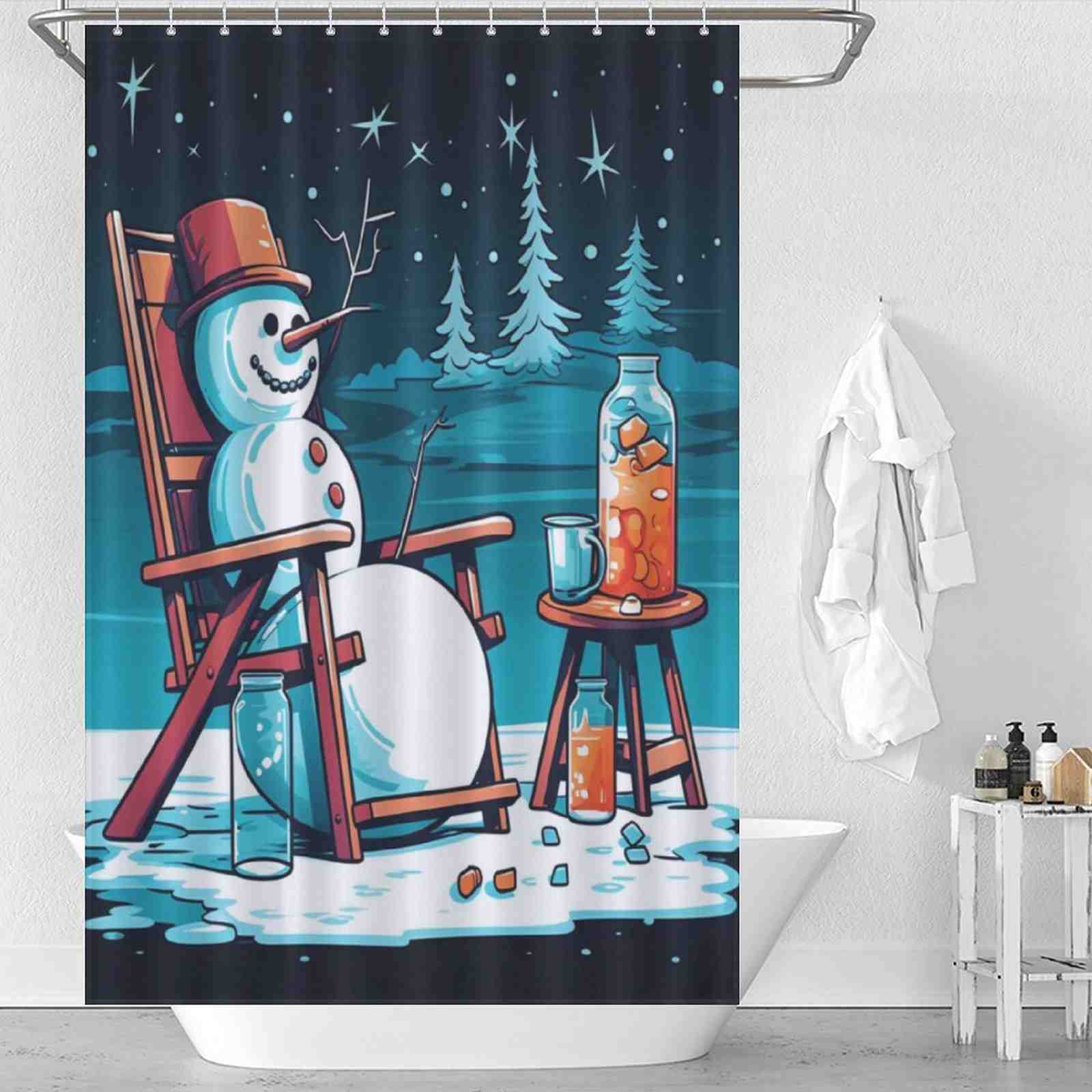This Funny Snowman Juice Christmas Shower Curtain from Cotton Cat features a snowman sitting in a rocking chair, adding a touch of whimsy to your bathroom.