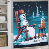 This Funny Snowman Juice Christmas Shower Curtain by Cotton Cat features a snowman sitting in a rocking chair, adding a playful touch to your bathroom decor.