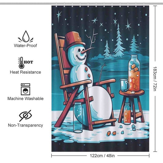 Add some charm to your bathroom with a Funny Snowman Juice Christmas Shower Curtain from Cotton Cat, featuring a hilarious snowman sitting in a rocking chair.