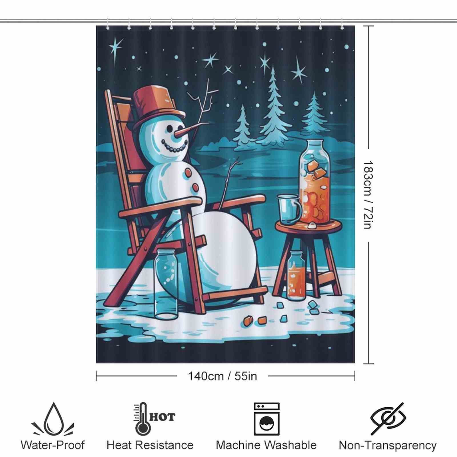 Add some whimsy to your bathroom with a Funny Snowman Juice Christmas Shower Curtain-Cottoncat from Cotton Cat, featuring a snowman sitting in a rocking chair.