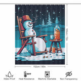 A Funny Snowman Juice Christmas Shower Curtain by Cotton Cat, featuring a snowman sitting in a rocking chair with a cup of coffee, creates an amusing scene perfect for adding joy to your bathroom.