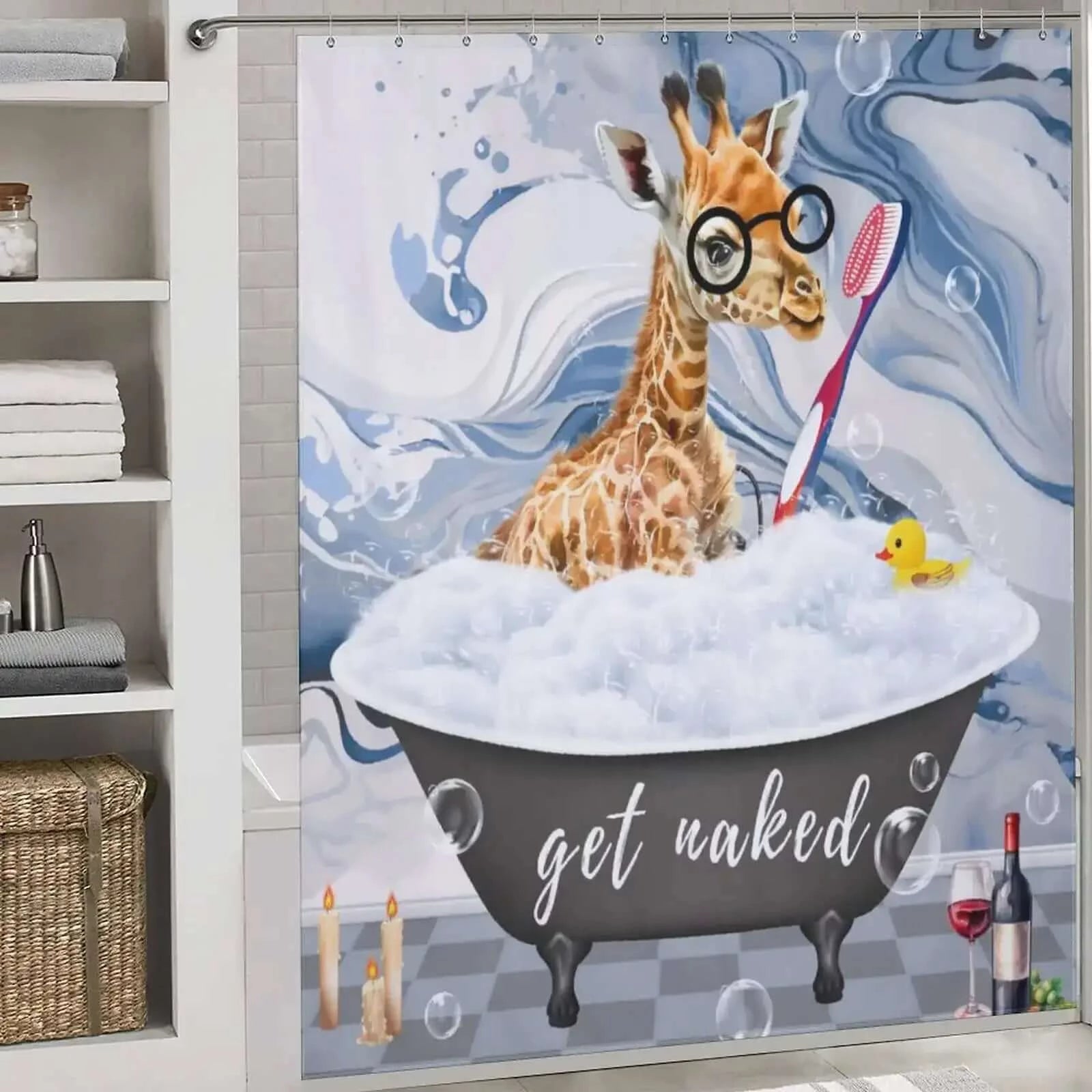 A Funny Giraffe Shower Curtain-Cottoncat is taking a bath in a bathroom tub.