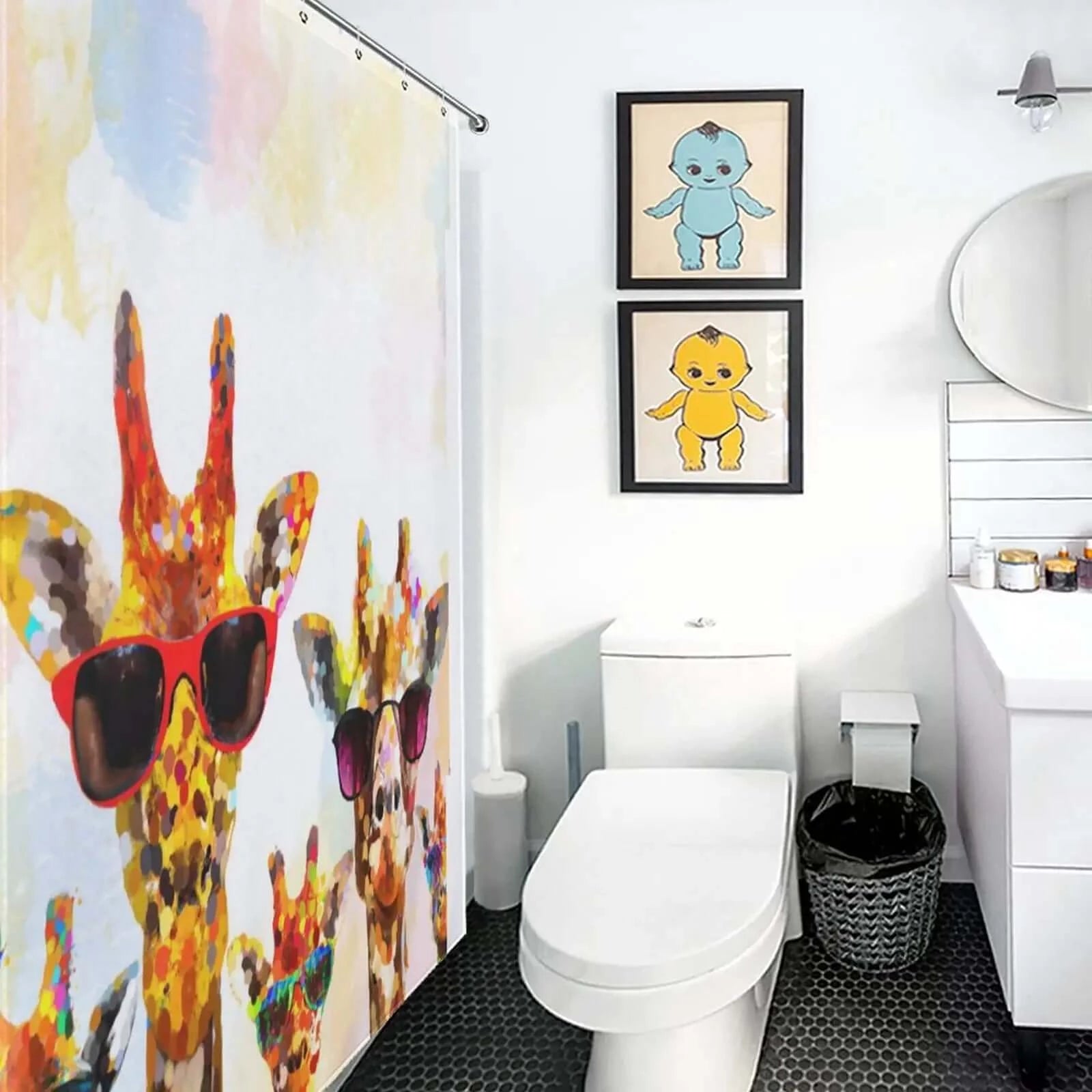 Enhance your bathroom decor with a waterproof Funky Giraffe Shower Curtain by Cotton Cat.
