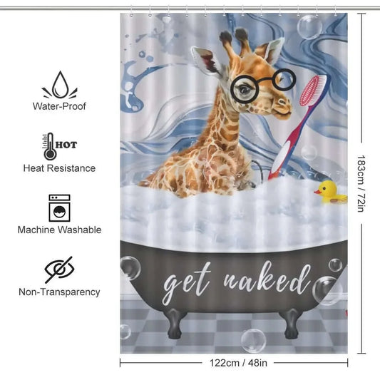 This adorable Funny Giraffe Shower Curtain-Cottoncat from the Cotton Cat brand features a playful giraffe enjoying a relaxing bath in the bathroom.