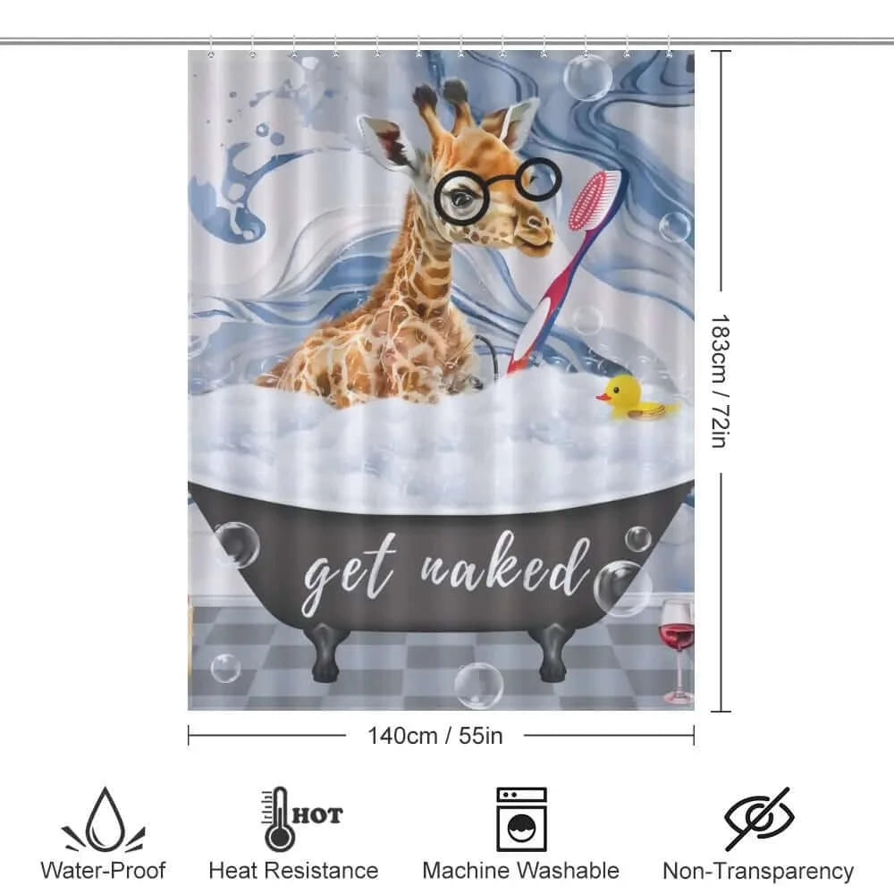 A Funny Giraffe Shower Curtain from Cotton Cat in a bathroom using a toothbrush and toothpaste.