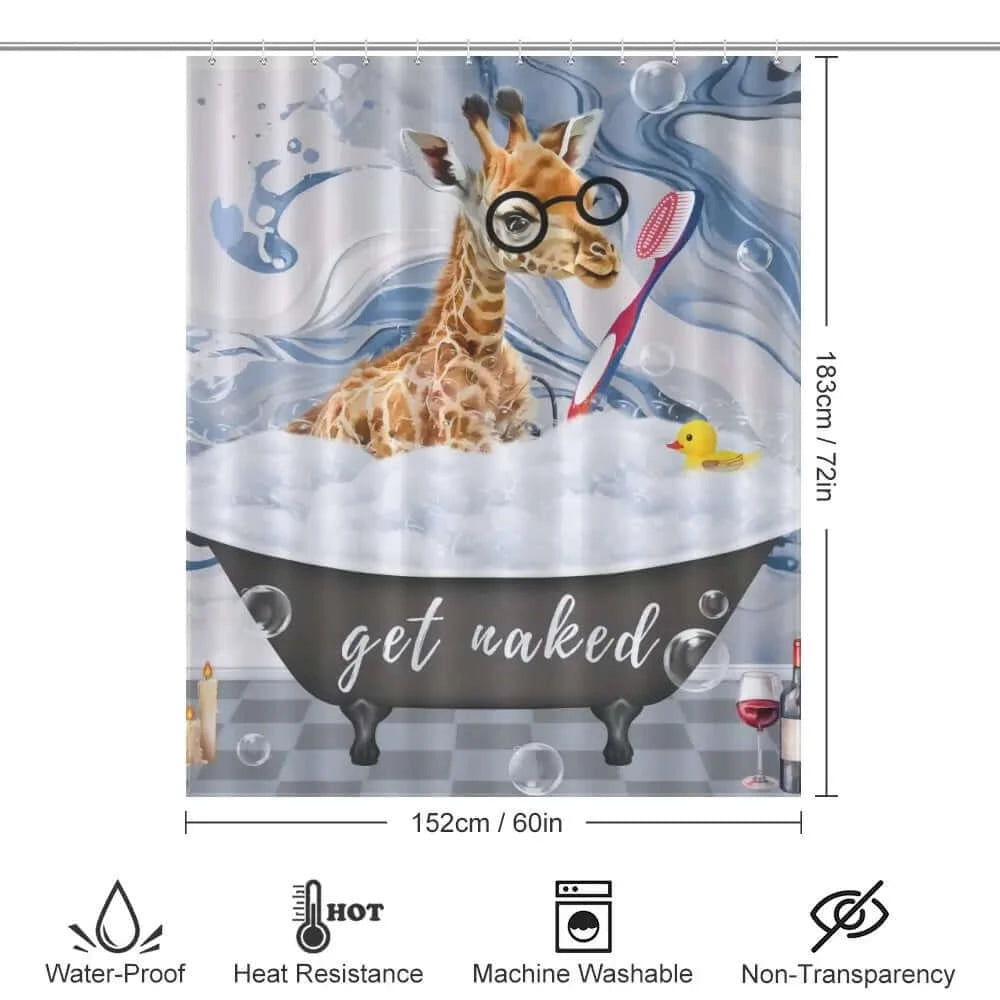 This Funny Giraffe Shower Curtain-Cottoncat from Cotton Cat adds a playful touch to your decor with its adorable giraffe motif, complete with a charming depiction of the long-necked animal relaxing in a bathtub.