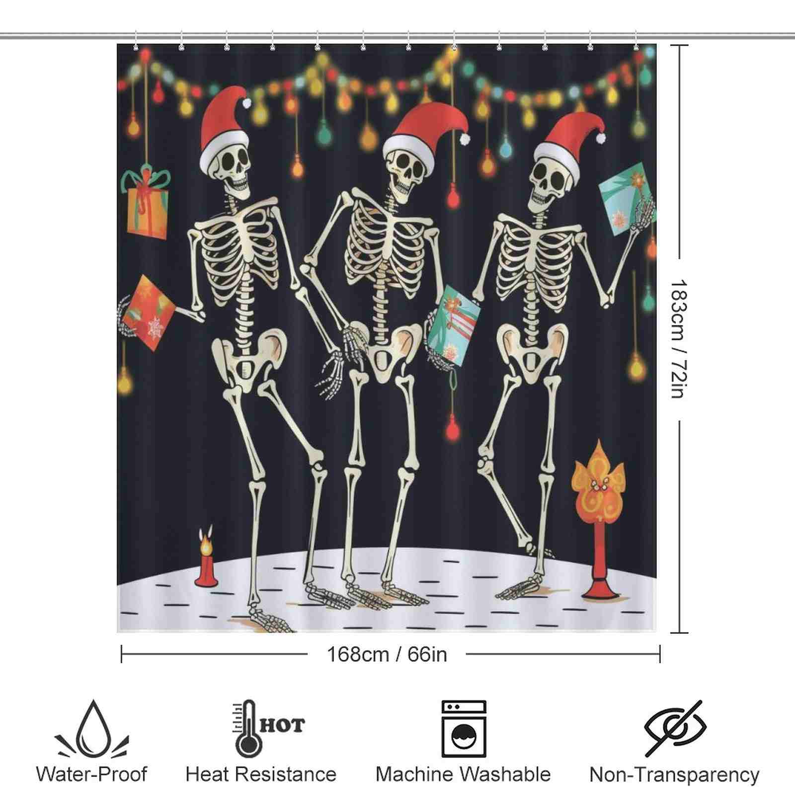 Three Gothic Skull Dancing Skeletons Christmas Shower Curtains by Cotton Cat.