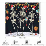 Three Gothic Skull Dancing Skeletons Christmas Shower Curtain-Cottoncat standing in front of a christmas tree.