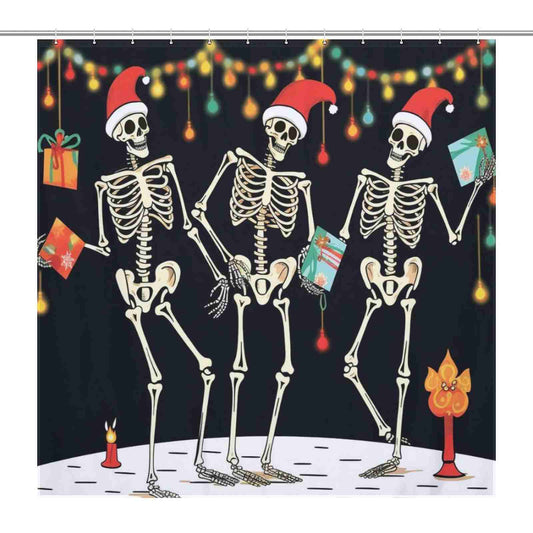 Three Gothic Skull Dancing Skeletons Christmas Shower Curtain-Cottoncat in Santa Hats.