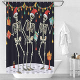 Cotton Cat's Gothic Skull Dancing Skeletons Christmas Shower Curtain with three skulls wearing Christmas hats.