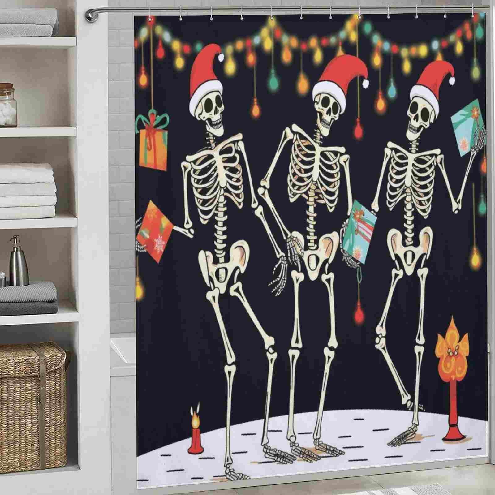 Three skeletal figures in Santa hats decorate the Gothic Skull Dancing Skeletons Christmas Shower Curtain by Cotton Cat.
