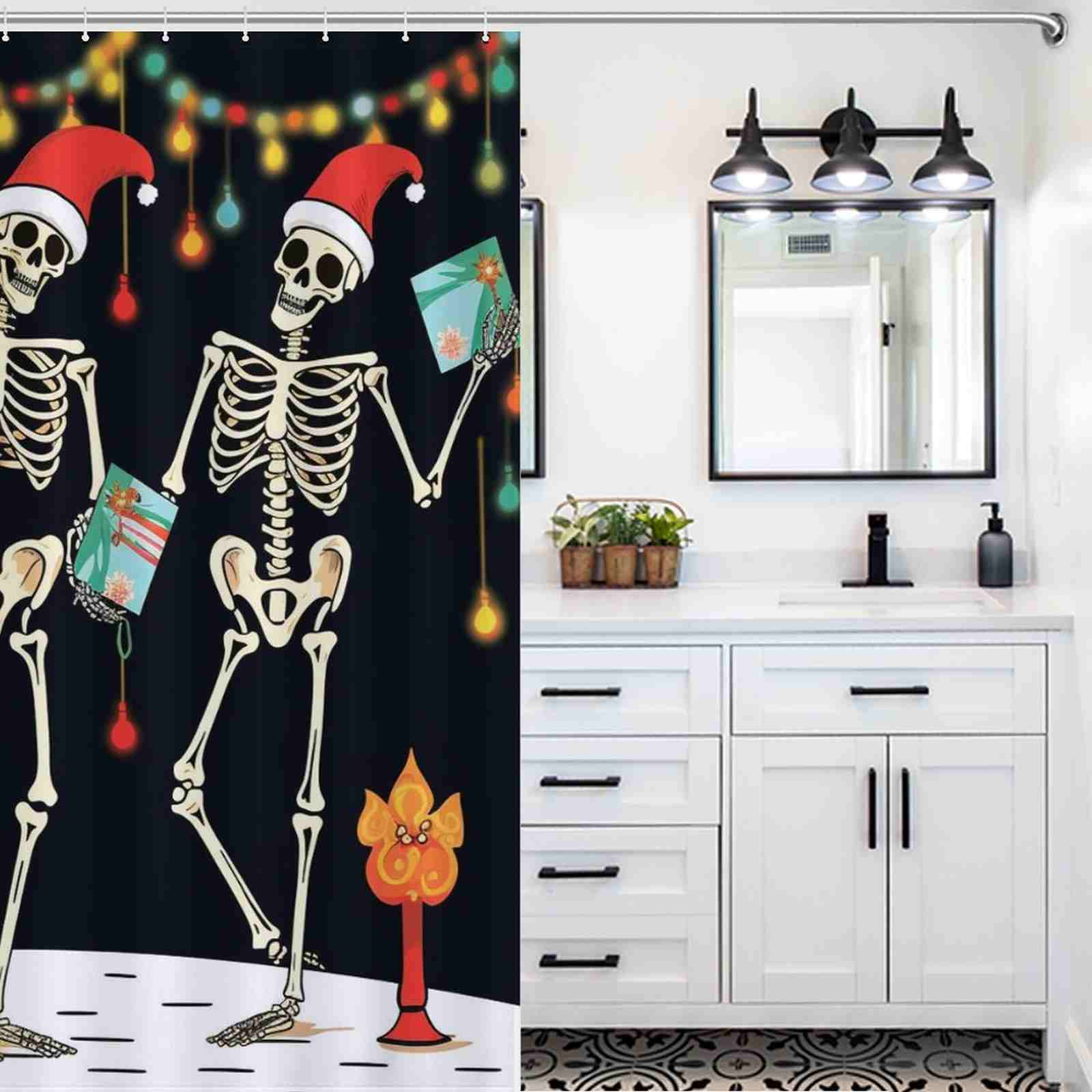 Two Gothic pictures of Cotton Cat's Gothic Skull Dancing Skeletons Christmas Shower Curtain, showcasing their skulls.