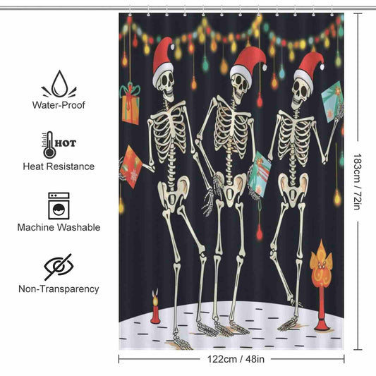 Three Gothic Skull Dancing Skeletons Christmas Shower Curtains-Cottoncat standing in front of a Christmas tree.