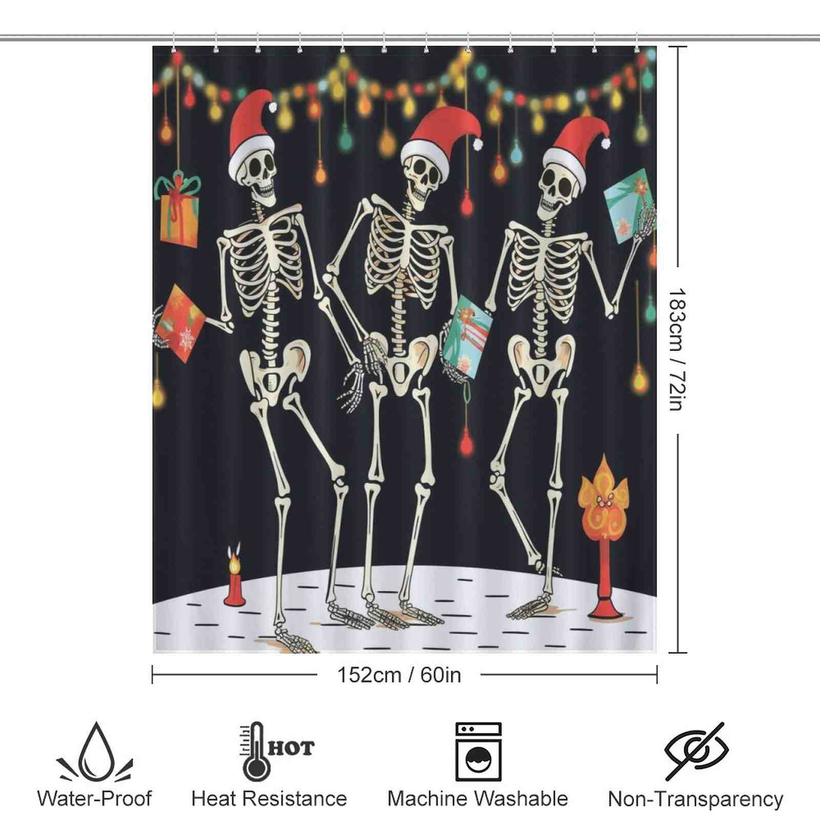 Three Gothic Skull Dancing Skeletons Christmas Shower Curtains-Cottoncat are depicted on a shower curtain.