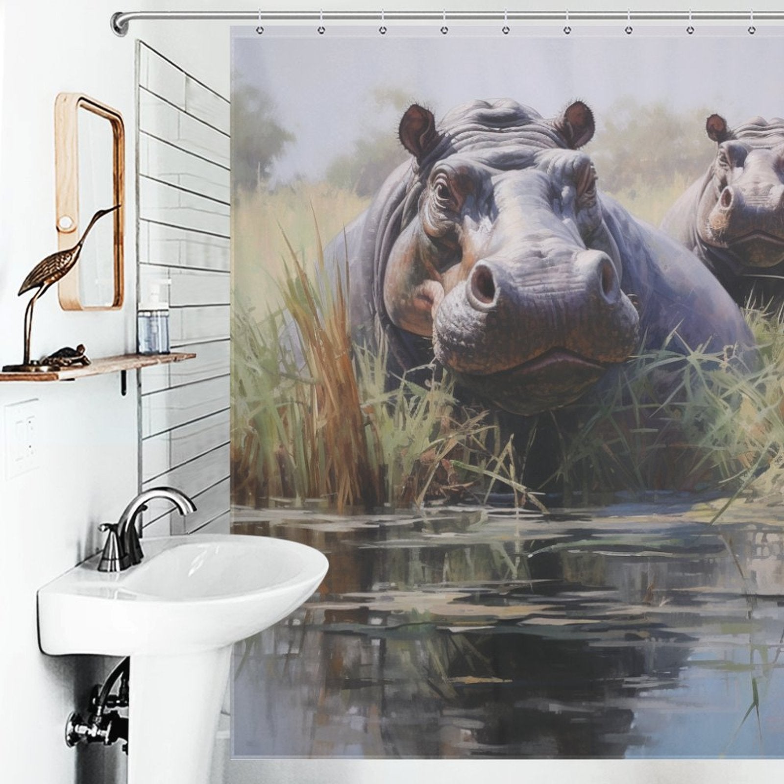 Hippo Shower Curtain Whimsical Scene 