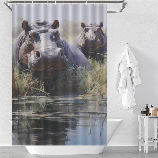 Hippo Shower Curtain Whimsical Scene 