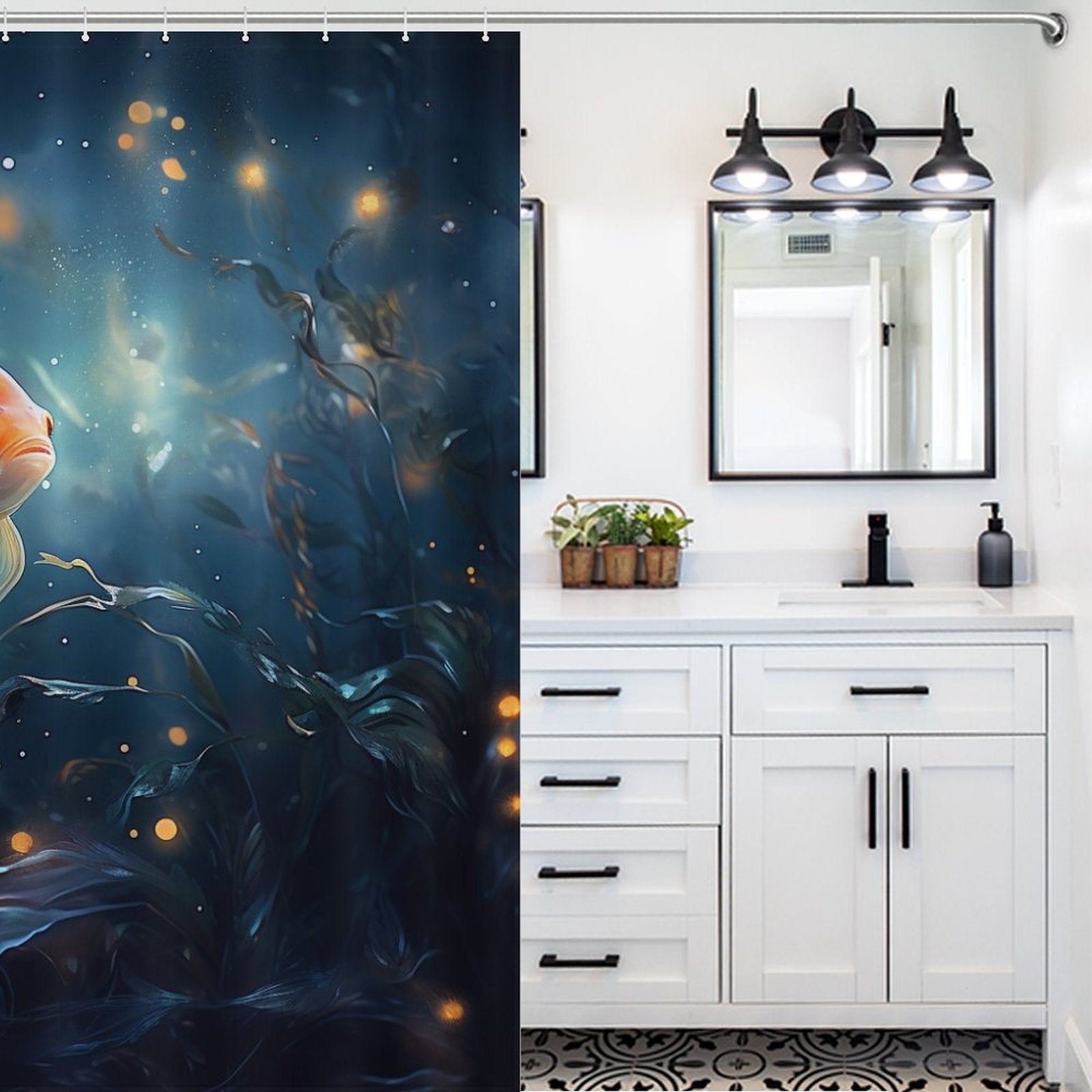 Joyful goldfish shower curtain Animated 