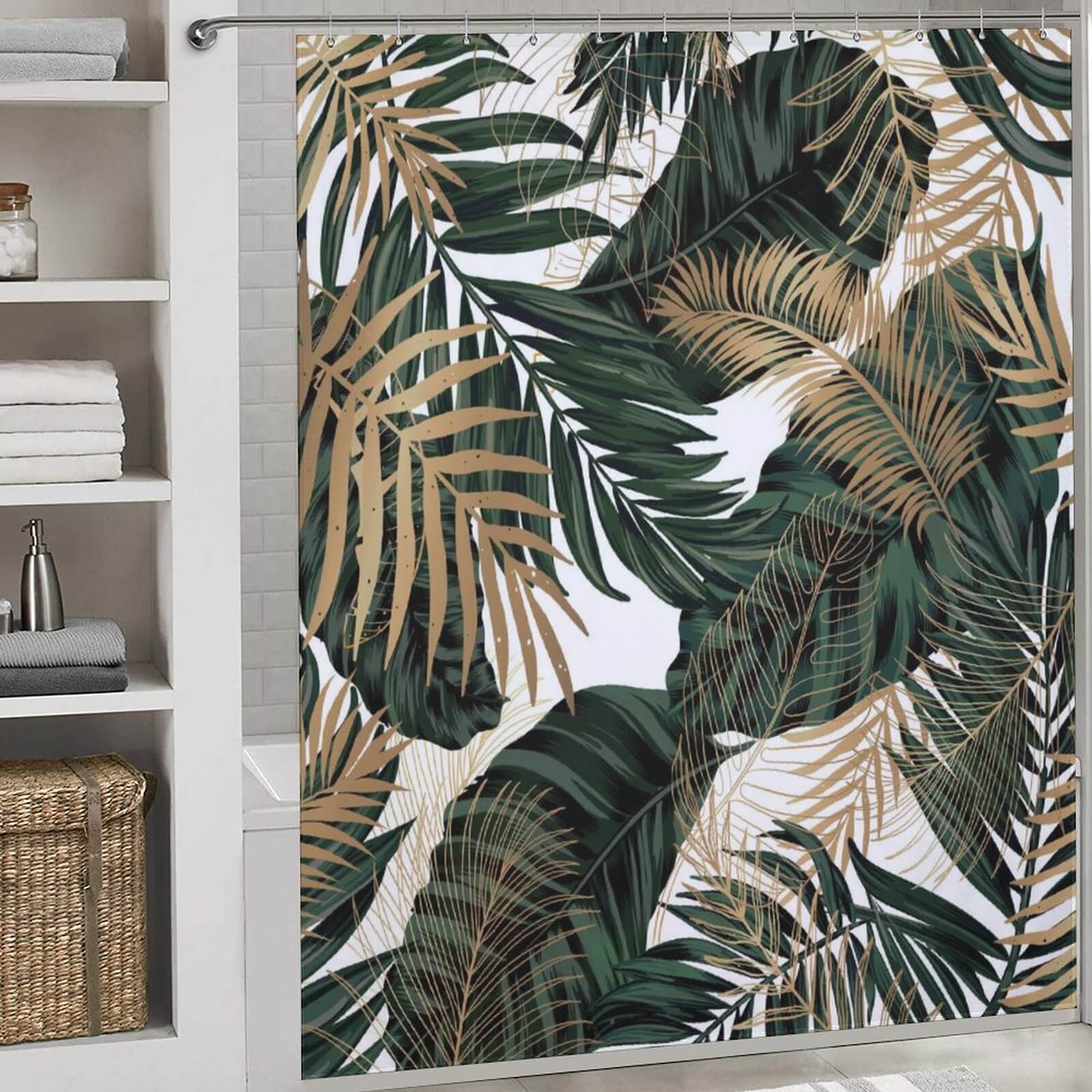 A Tropical Leaves Jungle Shower Curtain by Cotton Cat for bathroom decor.