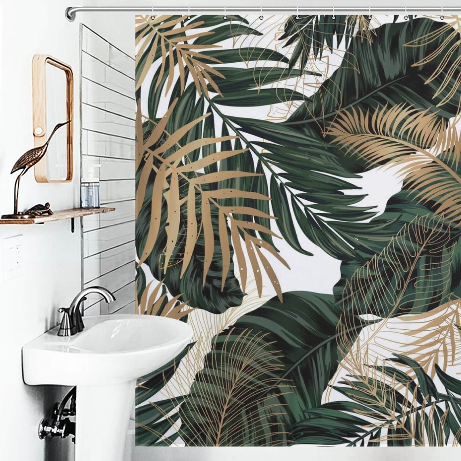 A bathroom with a Tropical Leaves Jungle Shower Curtain from Cotton Cat, perfect for enhancing your bathroom decor.