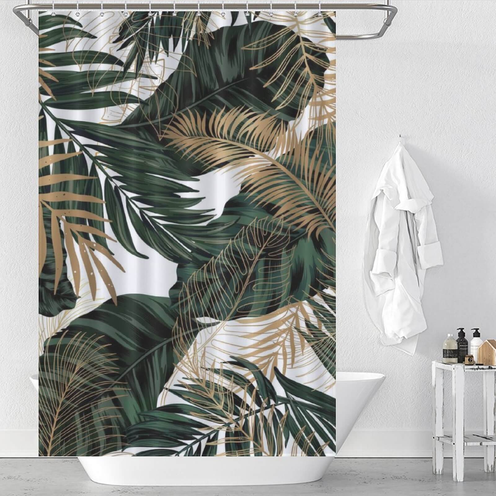 Waterproof Tropical Leaves Jungle Shower Curtain by Cotton Cat for stylish bathroom decor.