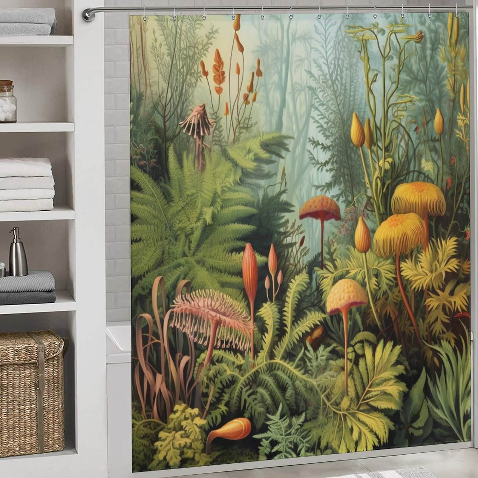 A Mushroom Jungle Shower Curtain from Cotton Cat, adorned with a lively painting of plants and mushrooms, creates a whimsical jungle atmosphere in your bathroom.