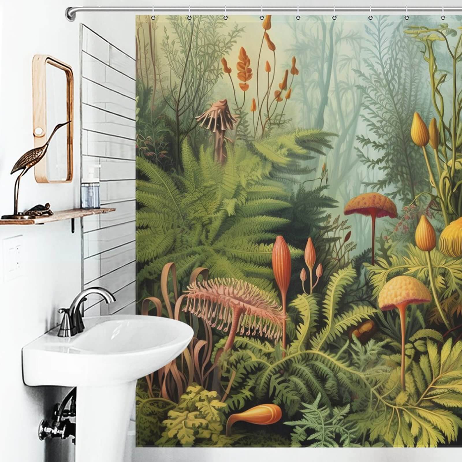 A Mushroom Jungle Shower Curtain-Cottoncat with a jungle-themed design featuring ferns and plants.