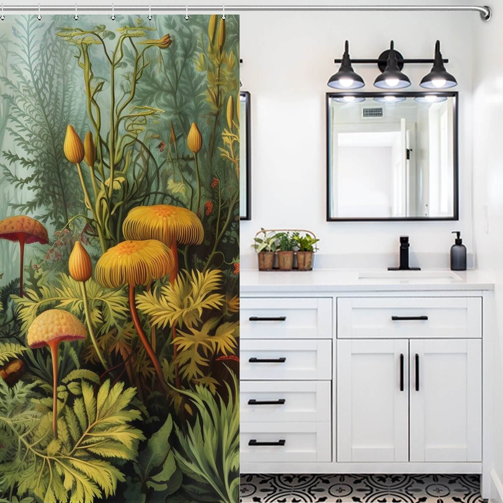A Mushroom Jungle Shower Curtain-Cottoncat by Cotton Cat featuring a painting of mushrooms.