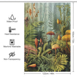 A picture of a Mushroom Jungle with plants and mushrooms, perfect as a waterproof Cotton Cat shower curtain.