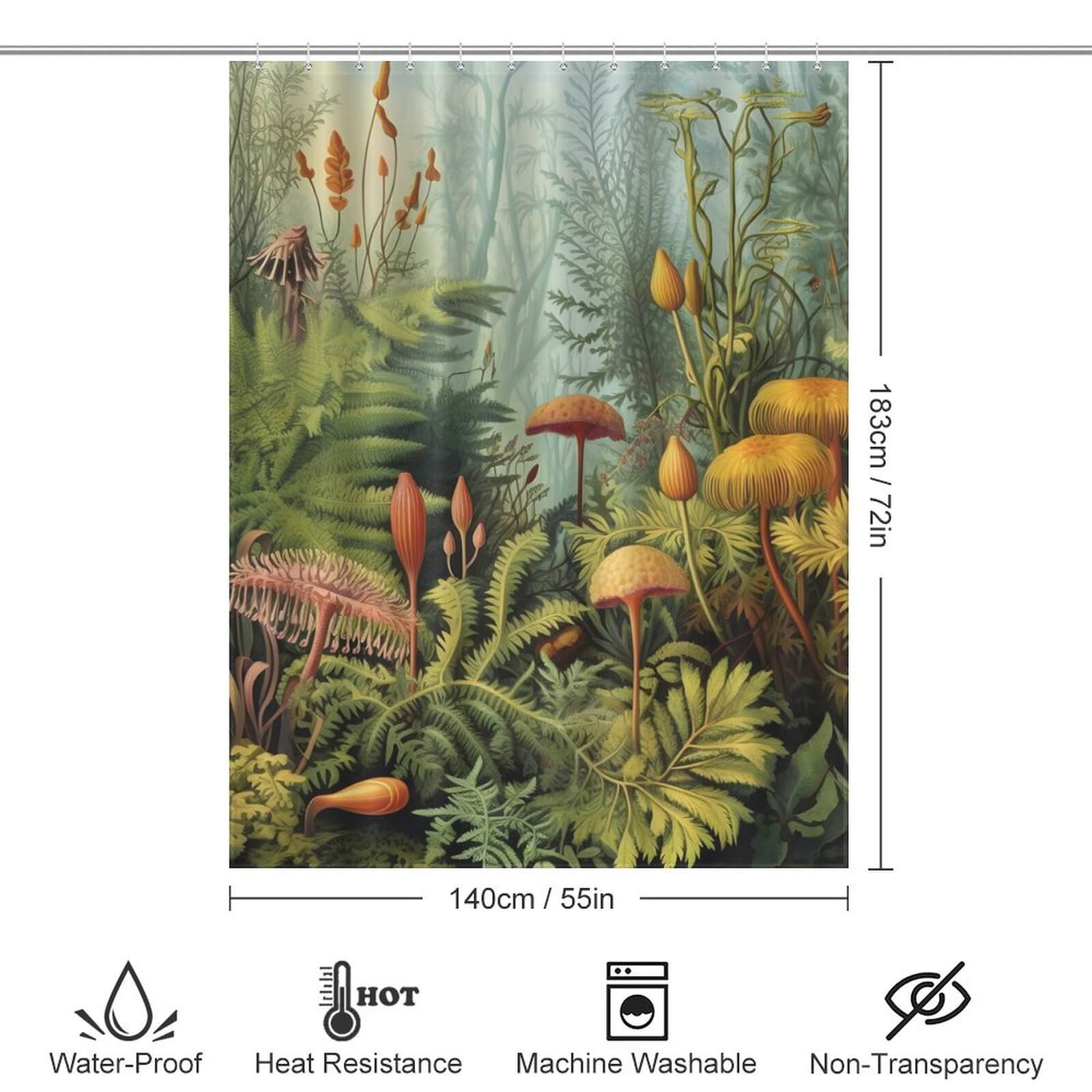 A Mushroom Jungle Shower Curtain by Cotton Cat, featuring a painting of a jungle with plants and mushrooms.