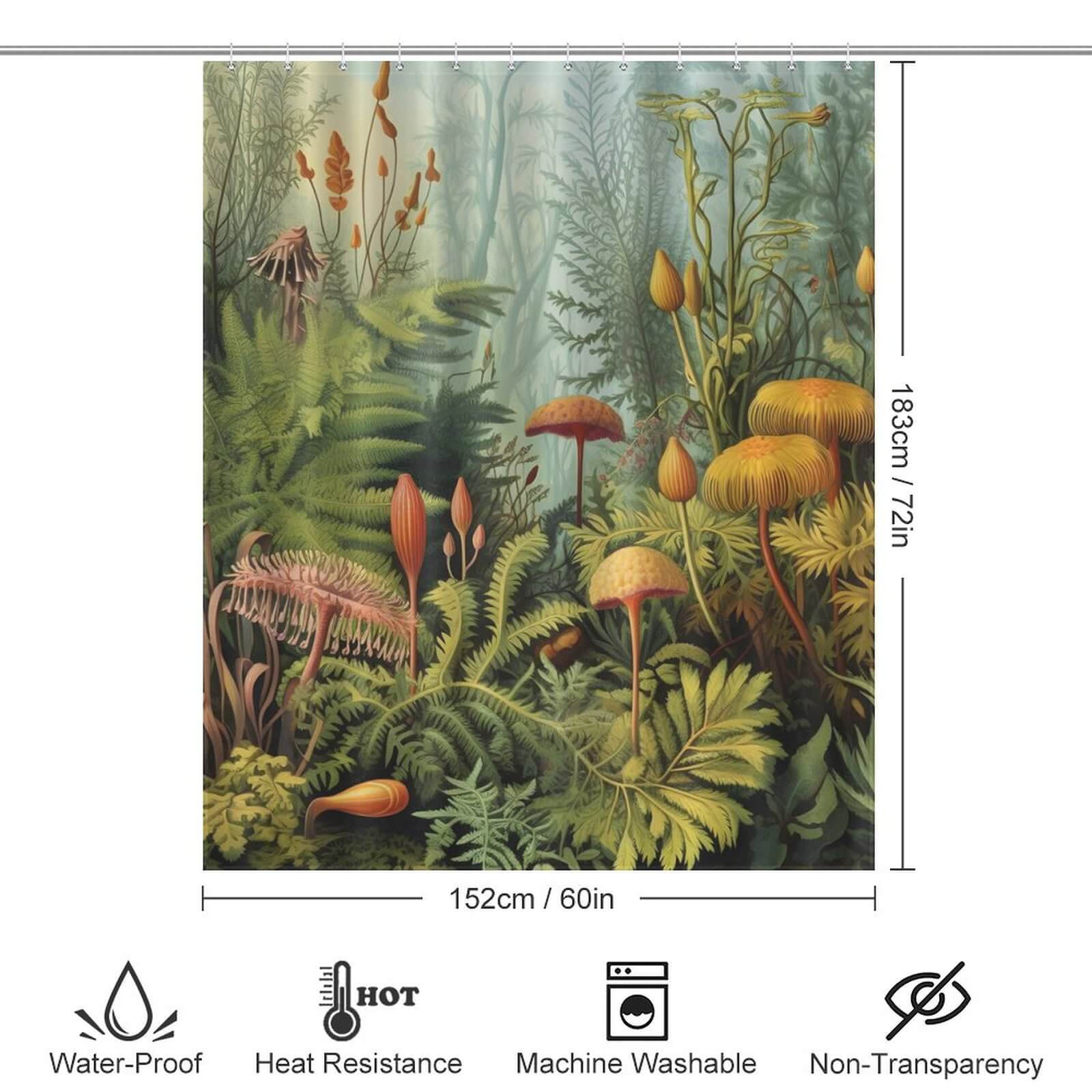 A Mushroom Jungle Shower Curtain by Cotton Cat featuring a jungle painting with plants and mushrooms.
