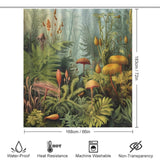 A Mushroom Jungle Shower Curtain featuring waterproof plants and mushrooms, perfect for a Cotton Cat shower curtain.