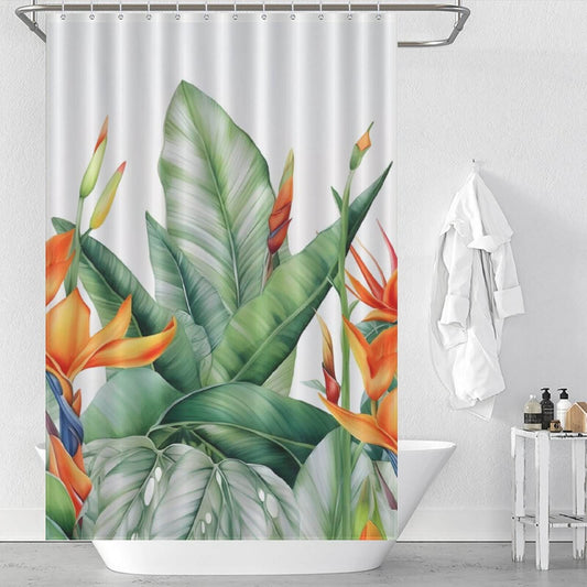 Waterproof Botanical Jungle Shower Curtain with jungle motifs featuring bird of paradise by Cotton Cat.