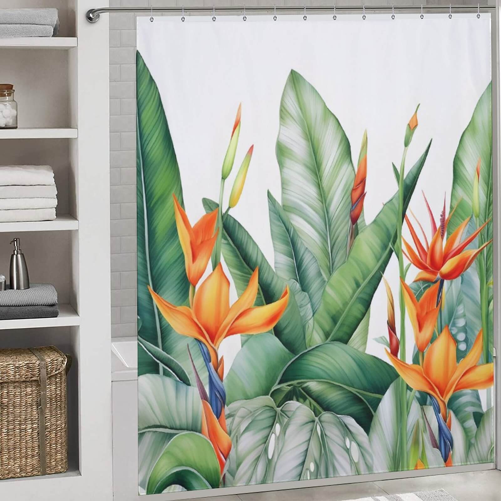 Botanical Jungle Shower Curtain-Cottoncat with a touch of jungle vibe, inspired by the vibrant Bird of Paradise motif.