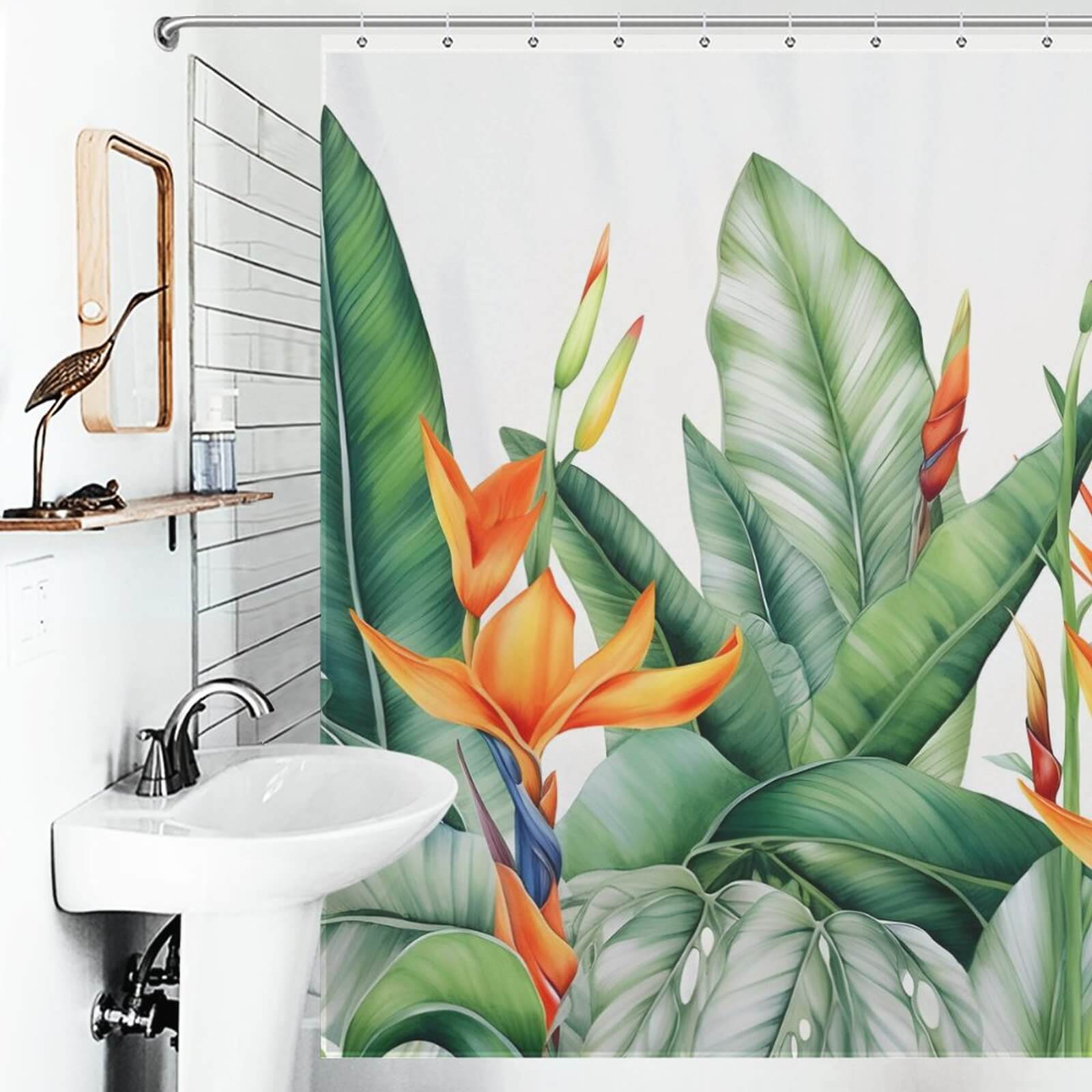 A tropical bathroom with a Cotton Cat Botanical Jungle Shower Curtain.