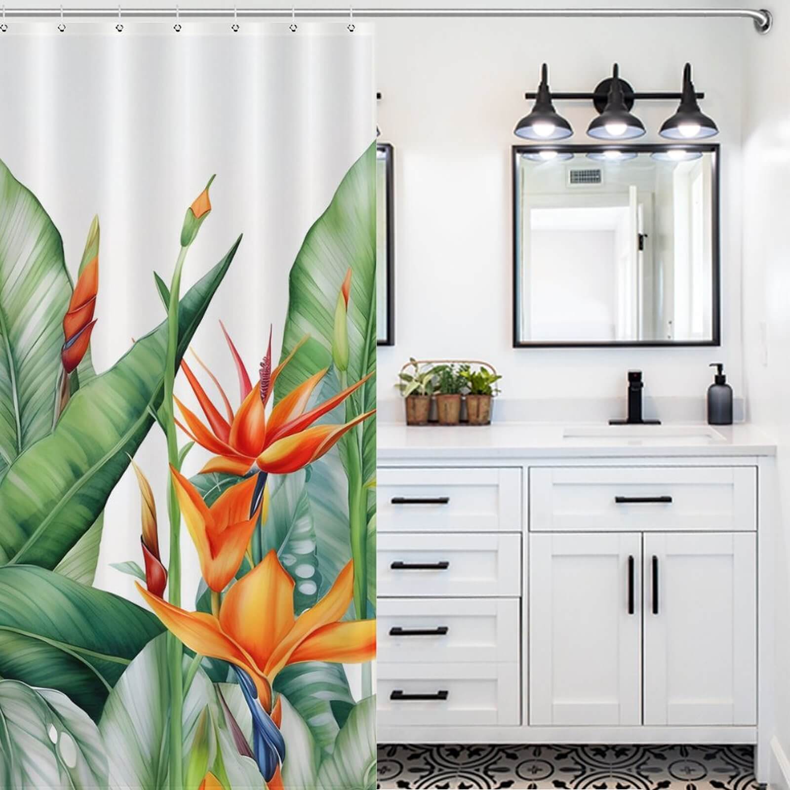 Waterproof Botanical Jungle shower curtain with a jungle theme featuring bird of paradise motifs, by Cotton Cat.