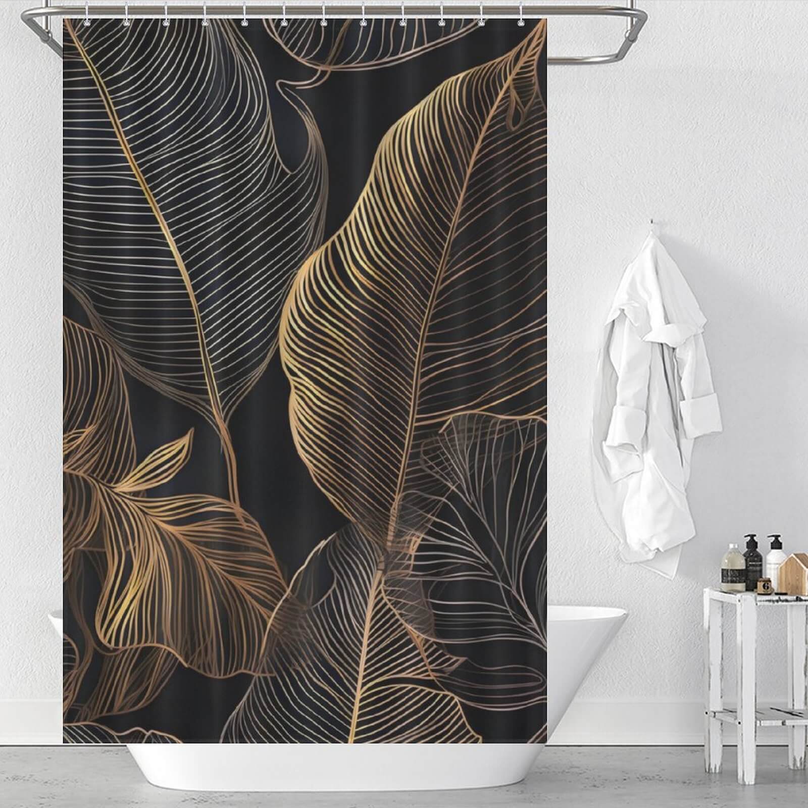 A Golden Tropical Leaves Jungle Shower Curtain from Cotton Cat, perfect for bathroom decor.