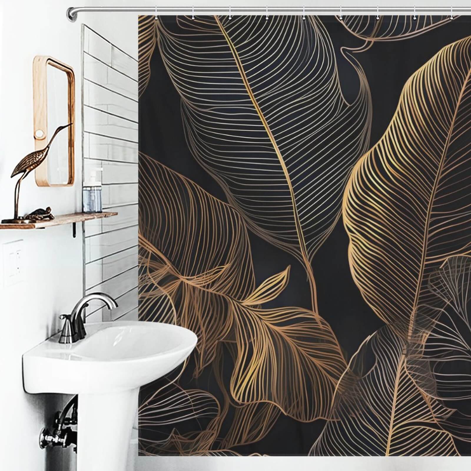 Transform your bathroom with a luxurious touch of elegance by adding the Golden Tropical Leaves Jungle Shower Curtain-Cottoncat from Cotton Cat. Crafted with exquisite attention to detail, this waterproof curtain not only enhances the overall aesthetic of your bathroom