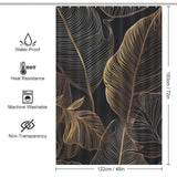 A waterproof Golden Tropical Leaves Jungle shower curtain from Cotton Cat that adds elegance to your bathroom decor whilst providing measurements.