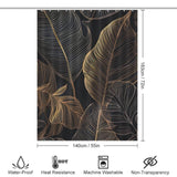 A Golden Tropical Leaves Jungle shower curtain with measurements, perfect for bathroom decor from Cotton Cat.