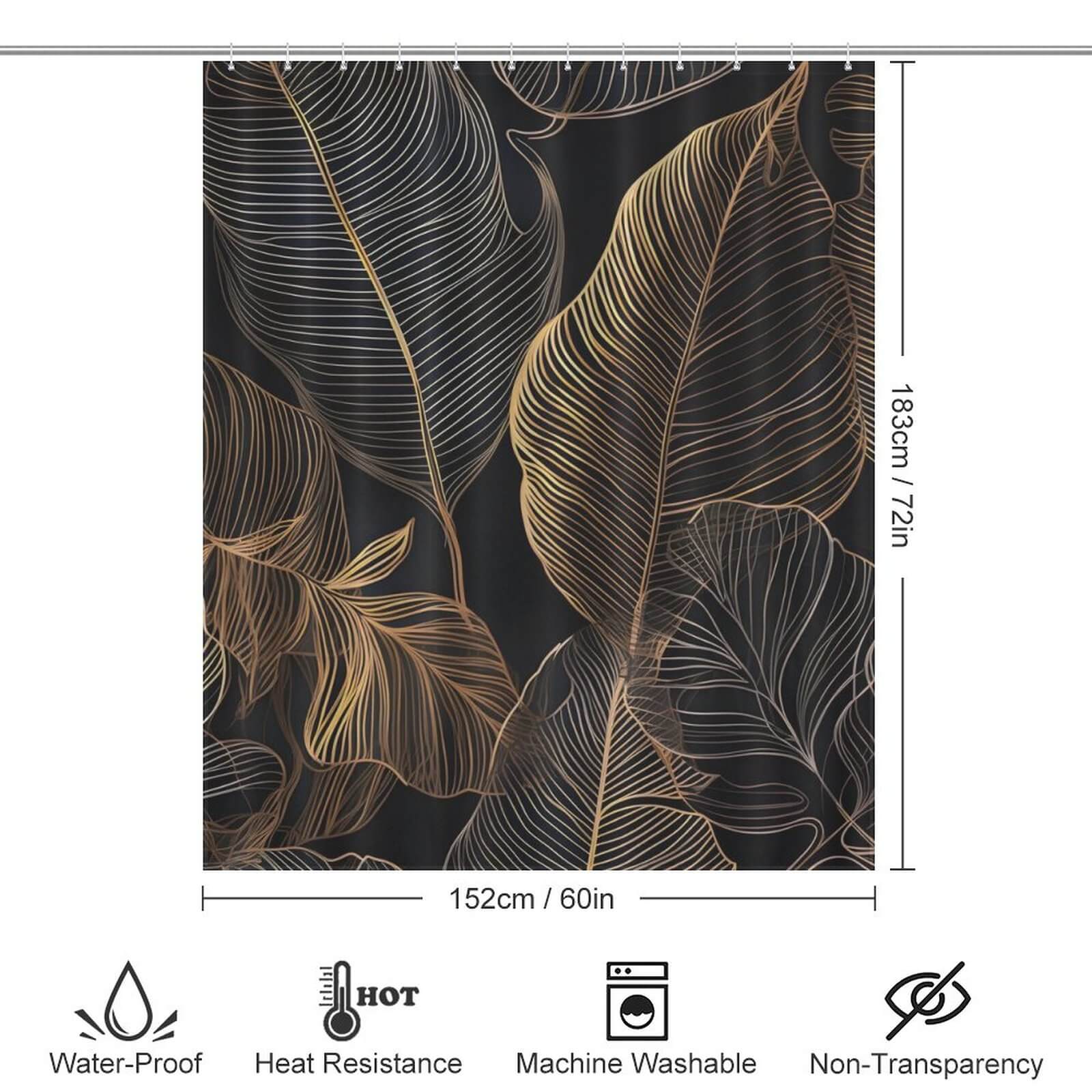 A waterproof Golden Tropical Leaves Jungle shower curtain, perfect for bathroom decor by Cotton Cat.