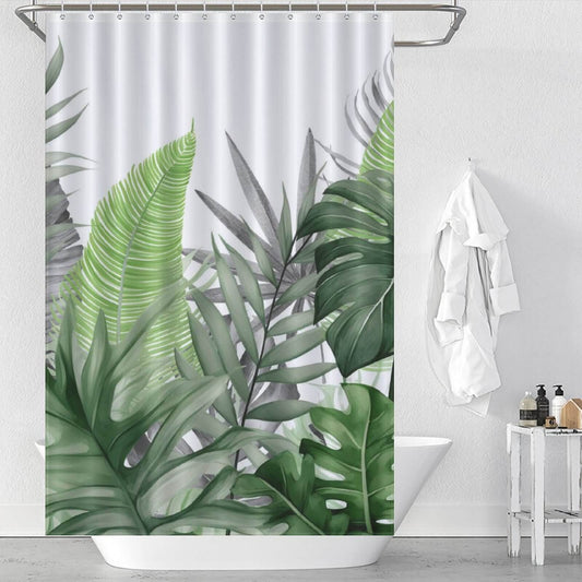 A waterproof Cotton Cat shower curtain featuring Monstera Leaf Jungle design, perfect for creating a jungle ambiance.