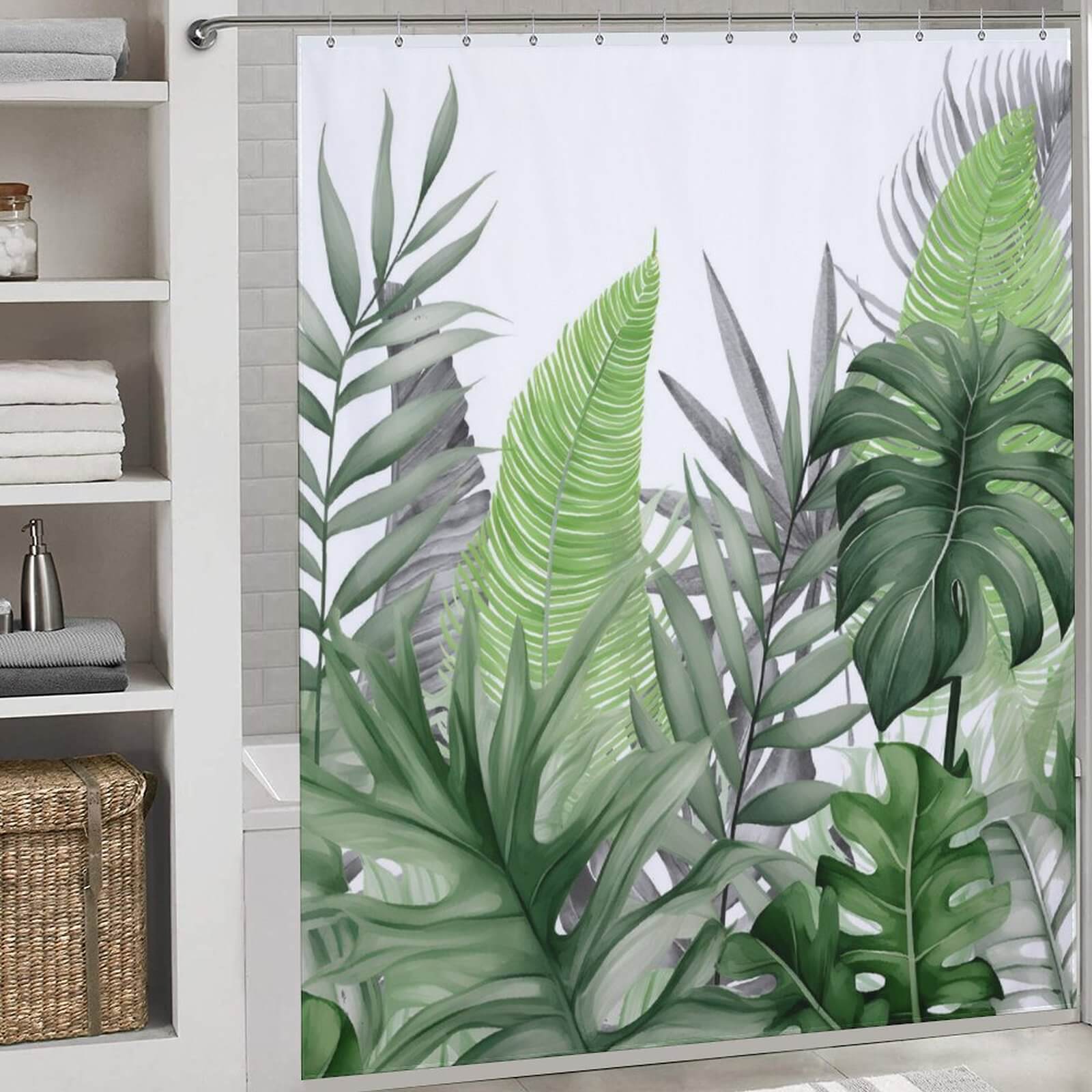 A waterproof Monstera Leaf Jungle Shower Curtain-Cottoncat adorned with monstera leaves.