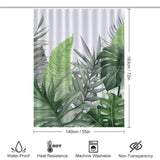 An image of a Monstera Leaf Jungle Shower Curtain-Cottoncat with measurements, featuring Monstera Leaves.