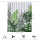 An image of a Monstera Leaf Jungle Shower Curtain-Cottoncat by Cotton Cat with measurements.