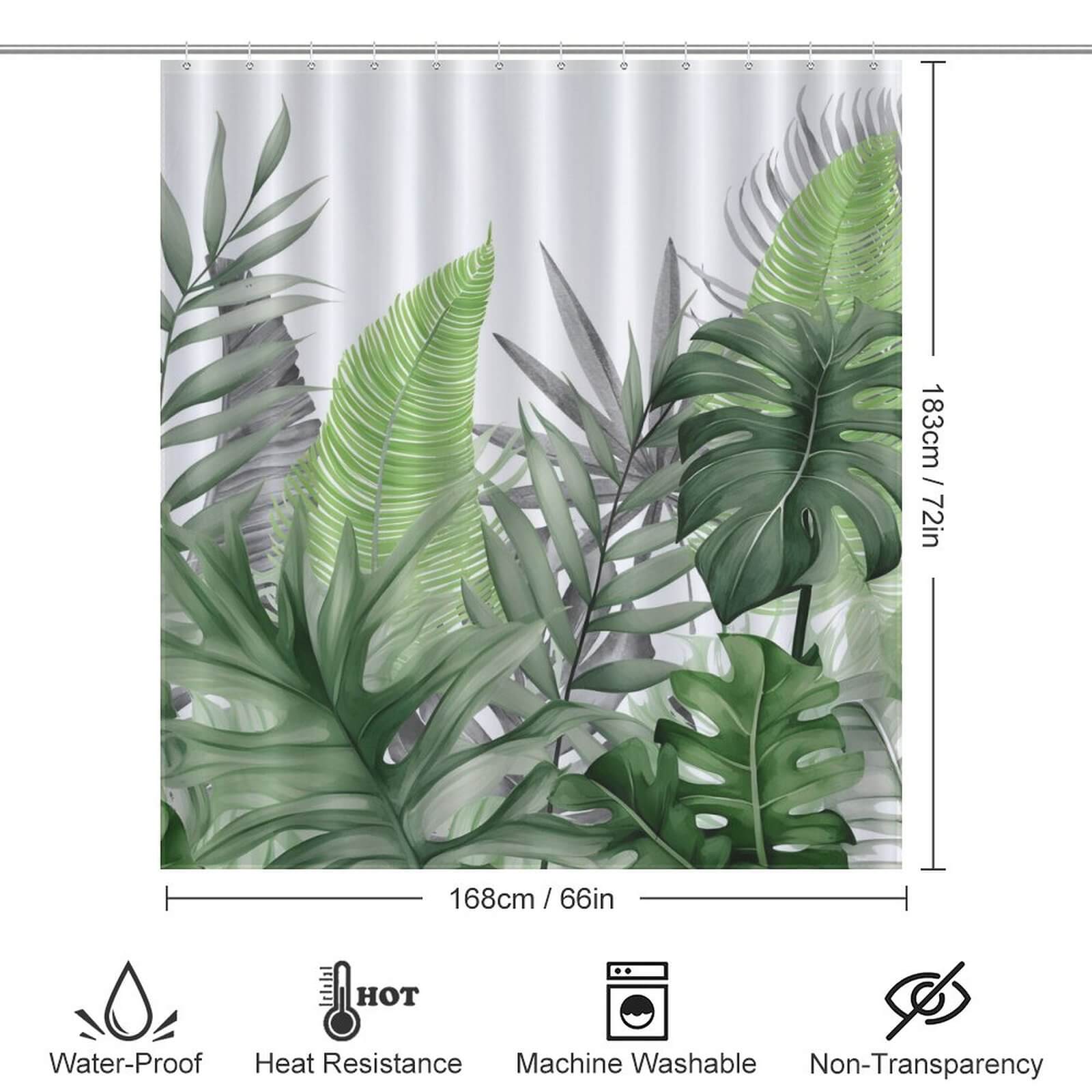 A waterproof Monstera Leaf Jungle shower curtain with Monstera Leaves, measuring at a standard size by Cotton Cat.